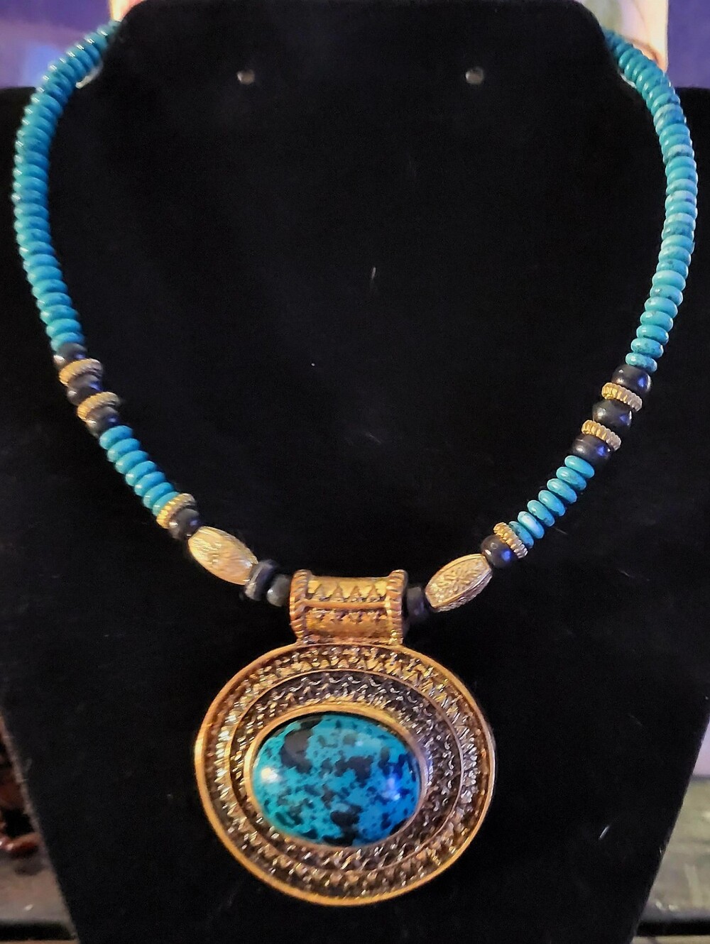 Vintage Boho Tribal Turquoise Blue Faux Stone Statement Pendant Beaded Necklace